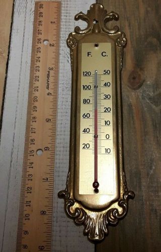 Antique Vintage Solid Brass Thermometer 9 " Tall