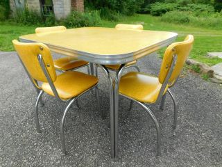 C1955 Completely Restored Retro Chrome Yellow Crackle Kitchen Table & 4 Chairs