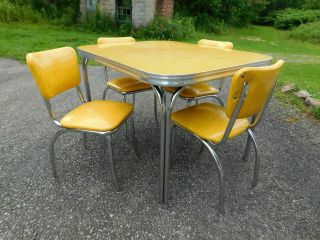 c1955 Completely Restored Retro Chrome Yellow Crackle Kitchen Table & 4 Chairs 2