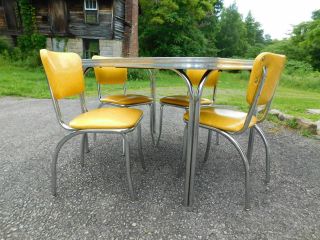 c1955 Completely Restored Retro Chrome Yellow Crackle Kitchen Table & 4 Chairs 3