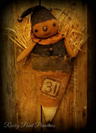 Primitive Fall Halloween Pumpkin Doll In Candy Corn Cupboard Wall Hanger