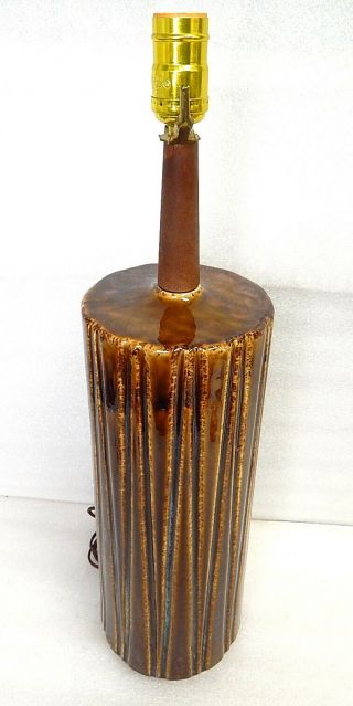 large Mid Century brown drip glaze teak ceramic table lamp cylinder vase MCM 2