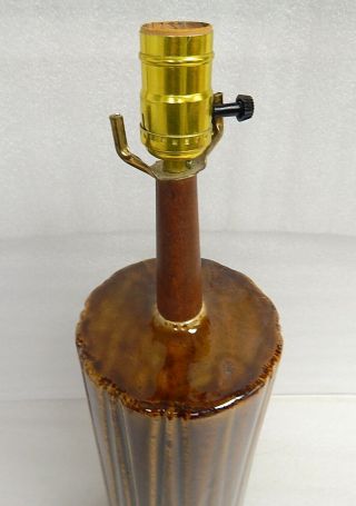 large Mid Century brown drip glaze teak ceramic table lamp cylinder vase MCM 3
