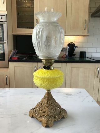 Yellow Opaline Glass Font - Victorian Twin Oil Lamp - Etched Shade And Funnel