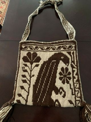 Huichol Hand Woven Shoulder Bag (parrot) Natural Wool 13 " X 13 " With Strap