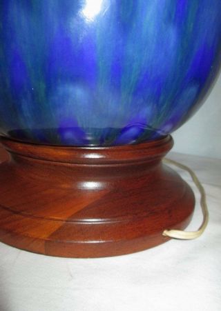 Mid Century VTG Lamp Taple LARGE Blue Green Drip Lava Pottery Light Wood Base 11