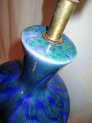 Mid Century VTG Lamp Taple LARGE Blue Green Drip Lava Pottery Light Wood Base 8