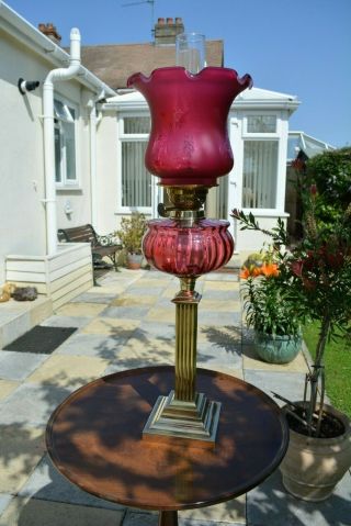Victorian Twin Burner Oil Lamp.  Cranberry Font.  And Shade