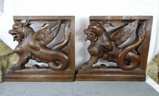 Antique French Pedestals Statues Carved Wood Solid Oak Griffins/ 19 Th