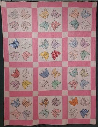 Sweet Cottage Home Vintage 30s Pink Applique Butterfly Quilt 83 