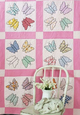 Sweet Cottage Home Vintage 30s Pink Applique Butterfly Quilt 83 " X 64 "