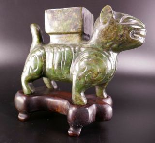 Old Chinese Carved Jade Mythical Beast Vessel Holder Sculpture