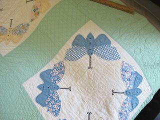 Vintage Hand Sewn Feed Sack APPLIQUE BUTTERFLY Quilt w/ SPIDER WEB Quilting FULL 11