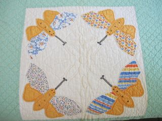 Vintage Hand Sewn Feed Sack APPLIQUE BUTTERFLY Quilt w/ SPIDER WEB Quilting FULL 4