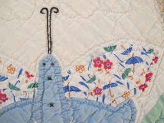 Vintage Hand Sewn Feed Sack APPLIQUE BUTTERFLY Quilt w/ SPIDER WEB Quilting FULL 6