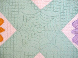 Vintage Hand Sewn Feed Sack APPLIQUE BUTTERFLY Quilt w/ SPIDER WEB Quilting FULL 7