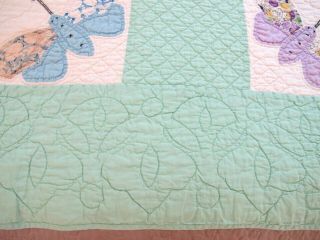 Vintage Hand Sewn Feed Sack APPLIQUE BUTTERFLY Quilt w/ SPIDER WEB Quilting FULL 8