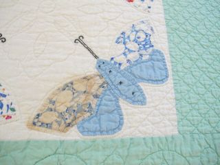 Vintage Hand Sewn Feed Sack APPLIQUE BUTTERFLY Quilt w/ SPIDER WEB Quilting FULL 9