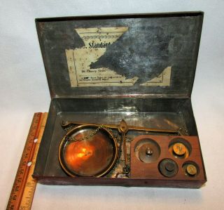Antique Jewelry Gold Apothecary Pocket Scale With Weights In Metal Case