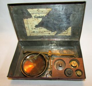 Antique Jewelry Gold Apothecary Pocket Scale with Weights in Metal Case 3