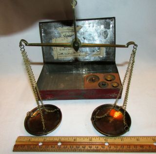 Antique Jewelry Gold Apothecary Pocket Scale with Weights in Metal Case 4