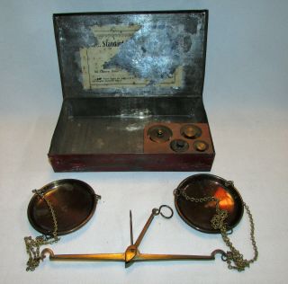 Antique Jewelry Gold Apothecary Pocket Scale with Weights in Metal Case 6