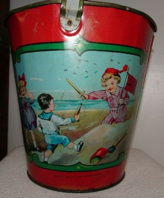 Victorian Toy Sand Pail Child ' s Tin Lithograph Water Beach PIRATES OHIO ART 1900 2