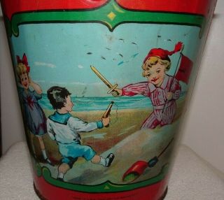 Victorian Toy Sand Pail Child ' s Tin Lithograph Water Beach PIRATES OHIO ART 1900 3