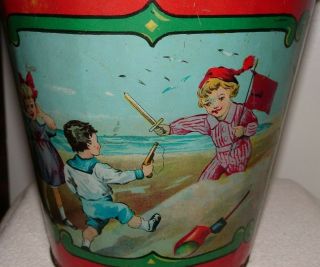 Victorian Toy Sand Pail Child ' s Tin Lithograph Water Beach PIRATES OHIO ART 1900 6