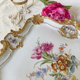Antique Meissen Porcelain Large Serving Tray 16 ",  Hand - Painted,  Floral,  Gilt