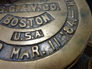 ANTIQUE CROSBY S.  G.  &V CO.  BRASS 4 POUND SCALE WEIGHT,  BOSTON,  MAR 11,  84 DATE 4