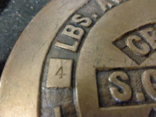 ANTIQUE CROSBY S.  G.  &V CO.  BRASS 4 POUND SCALE WEIGHT,  BOSTON,  MAR 11,  84 DATE 6