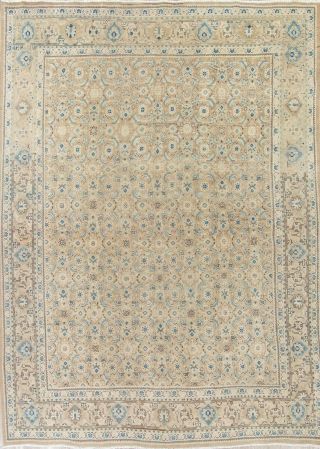 Antique Muted Beige Blue 9x12 Persian Oriental Hand - Knotted Distressed Wool Rug