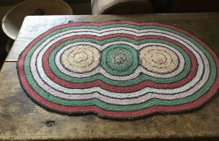 Large Old Antique Handmade 3 Circle Table Rug Mat Red Green Country Colors AAFA 12