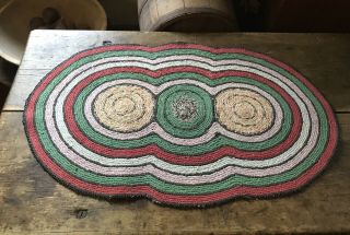 Large Old Antique Handmade 3 Circle Table Rug Mat Red Green Country Colors Aafa