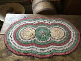 Large Old Antique Handmade 3 Circle Table Rug Mat Red Green Country Colors AAFA 2