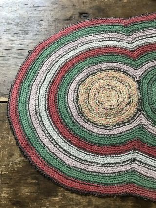 Large Old Antique Handmade 3 Circle Table Rug Mat Red Green Country Colors AAFA 3