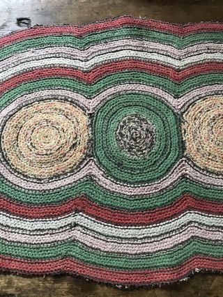 Large Old Antique Handmade 3 Circle Table Rug Mat Red Green Country Colors AAFA 4