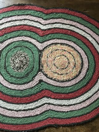 Large Old Antique Handmade 3 Circle Table Rug Mat Red Green Country Colors AAFA 6