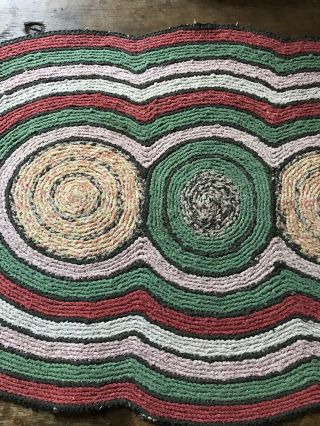 Large Old Antique Handmade 3 Circle Table Rug Mat Red Green Country Colors AAFA 7