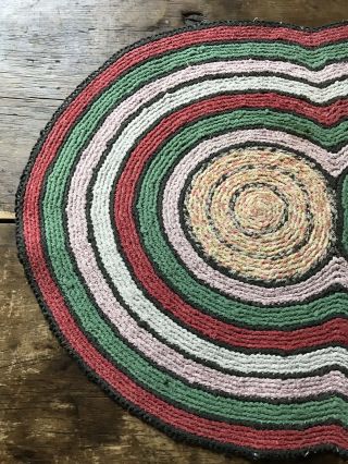 Large Old Antique Handmade 3 Circle Table Rug Mat Red Green Country Colors AAFA 8