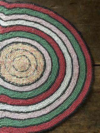 Large Old Antique Handmade 3 Circle Table Rug Mat Red Green Country Colors AAFA 9