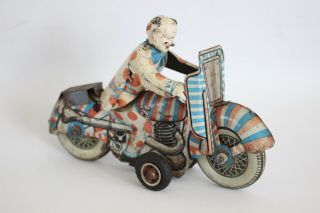 Antique 1930s Rare Mettoy Clown Motorcycle Wind Up Tin Litho Toy
