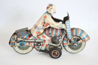ANTIQUE 1930s Rare METTOY CLOWN MOTORCYCLE Wind Up Tin Litho Toy 2