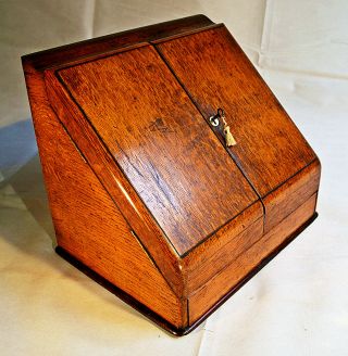 Late Victorian Oak Stationery Cabinet with Inkwells and Calender 2