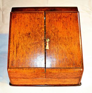 Late Victorian Oak Stationery Cabinet with Inkwells and Calender 3