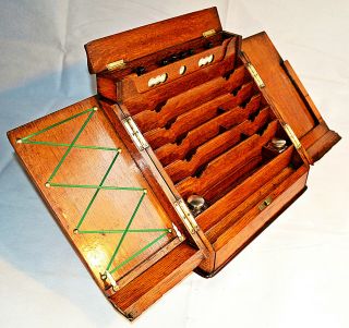 Late Victorian Oak Stationery Cabinet with Inkwells and Calender 5