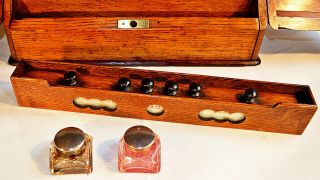 Late Victorian Oak Stationery Cabinet with Inkwells and Calender 6