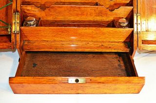 Late Victorian Oak Stationery Cabinet with Inkwells and Calender 7