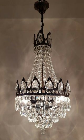 Antique Vintage Brass & Crystals French Chandelier Lighting Ceiling Lamp Light